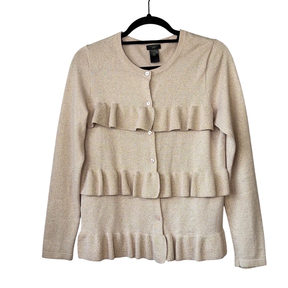 Ann‎ Taylor Factory Blush with Gold Metallic Ruffle Tiered Cardigan Sweater MP